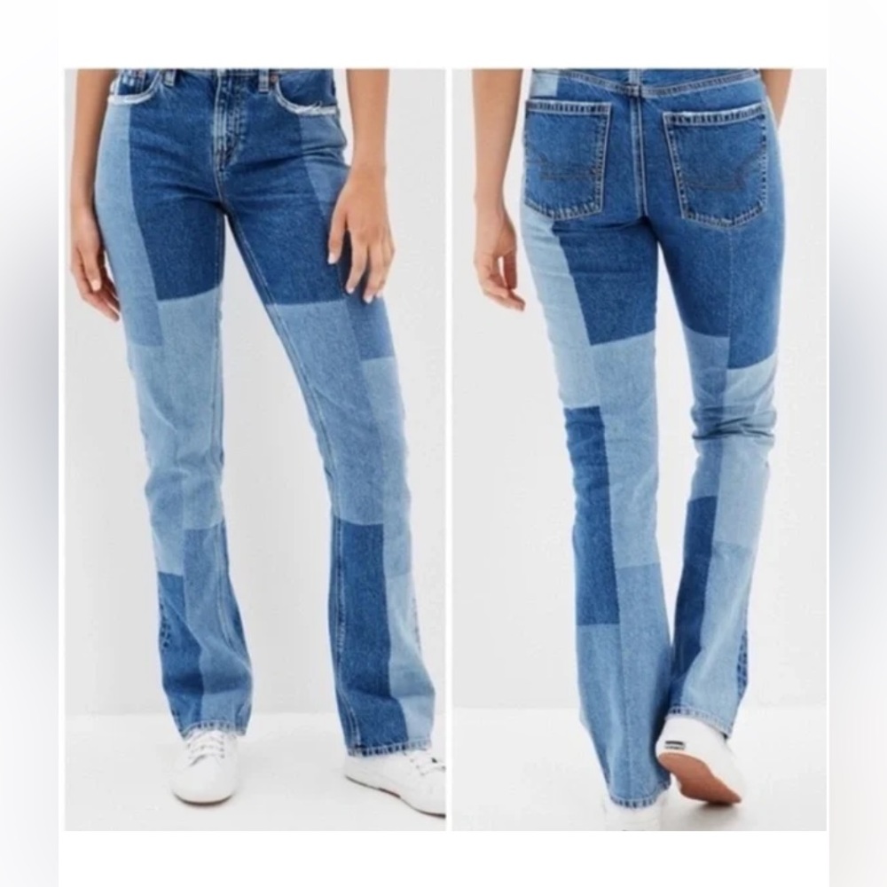 NWT AMERICAN EAGLE 90’s Bootcut Patchwork Blue Jeans- Size 8 short